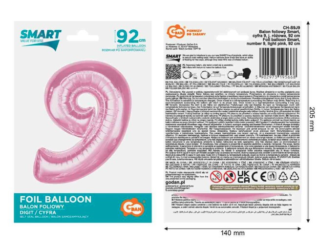 Balon foliowy B&C cyfra "9" j. różowa 92cm CH-S9J9 GoDan